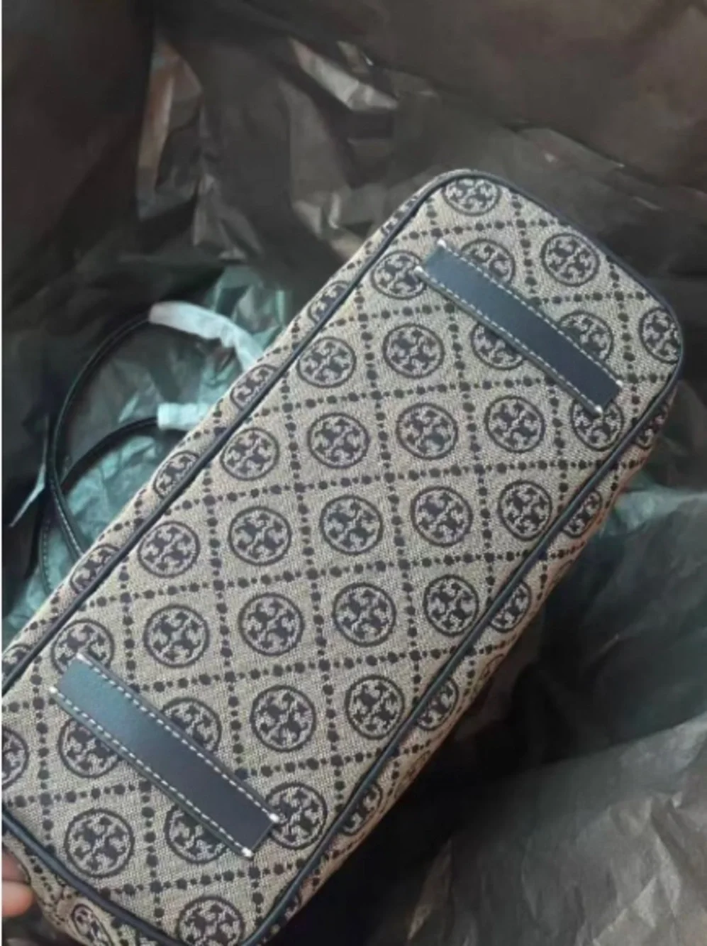 Tory Burch Navy and Cream Logo Jacquard Tote with Wristlet